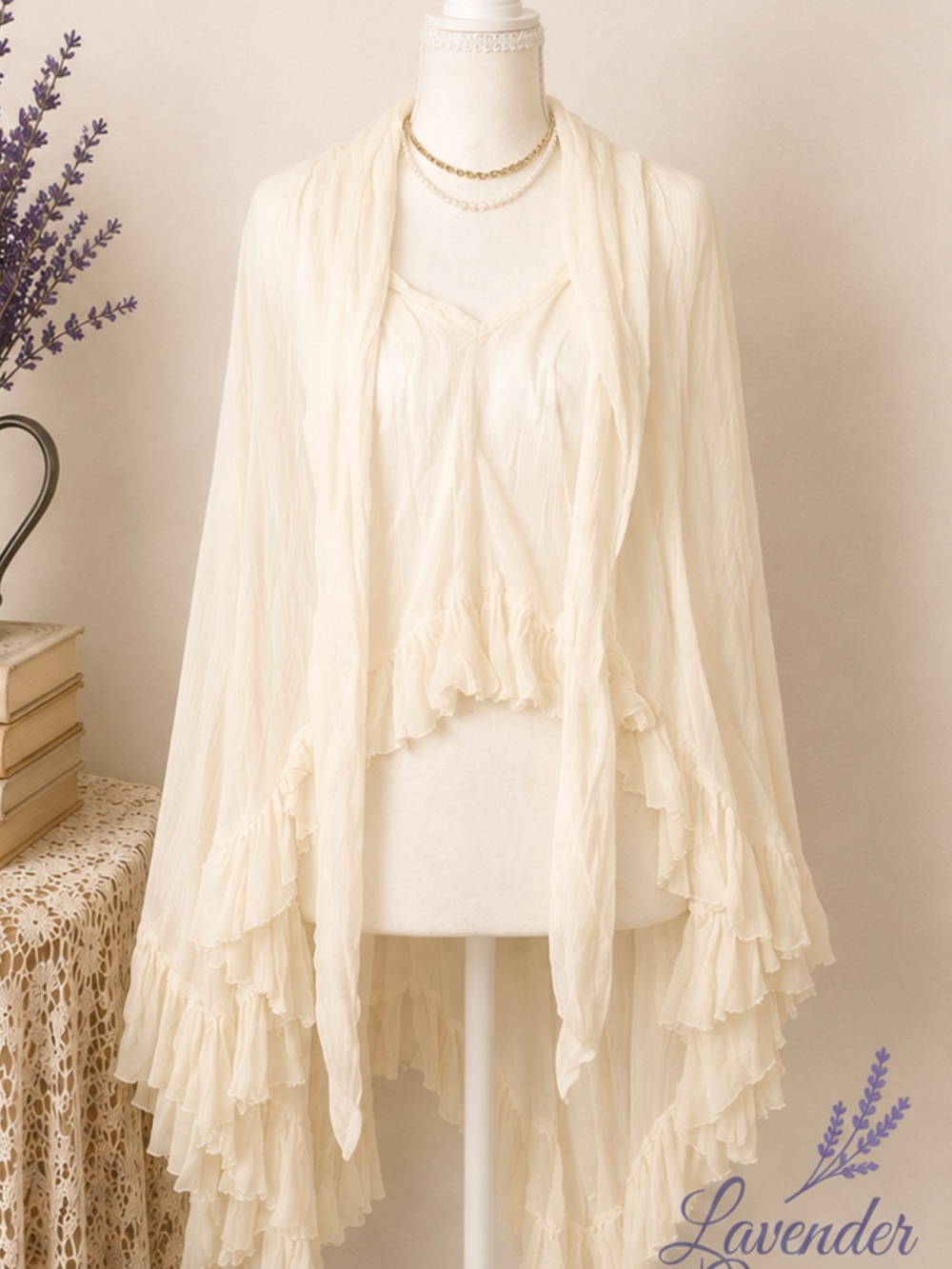 Free People Cream Ruffled Layered Shawl Cardigan